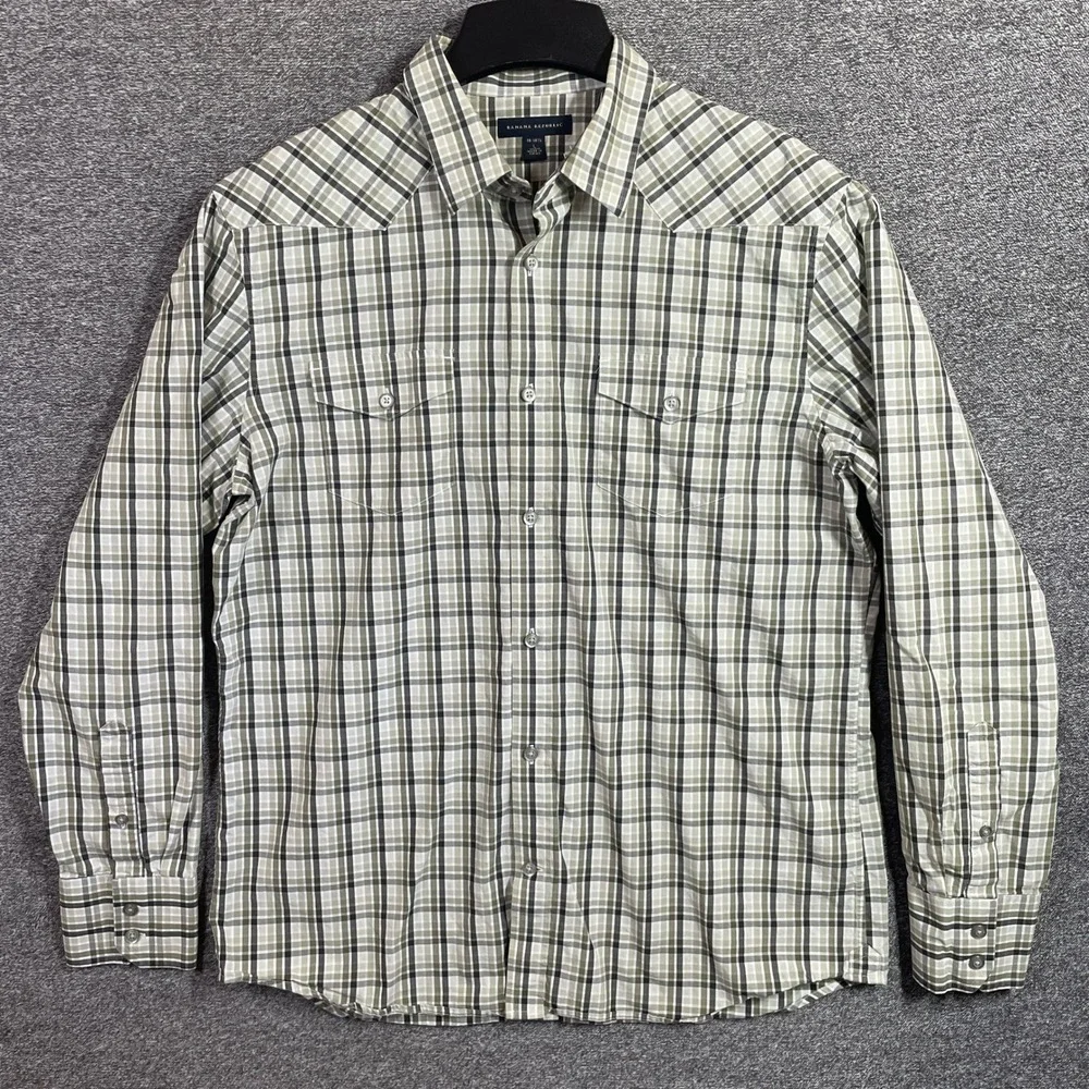 Banana Republic Shirt Mens L Olive Green Plaid Western Yoke Button Up Cotton